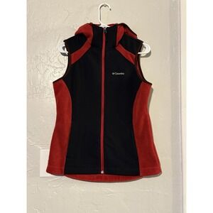 Columbia Fleece Vest Unisex Medium Red Black Full Zip Hooded Hiking Vest